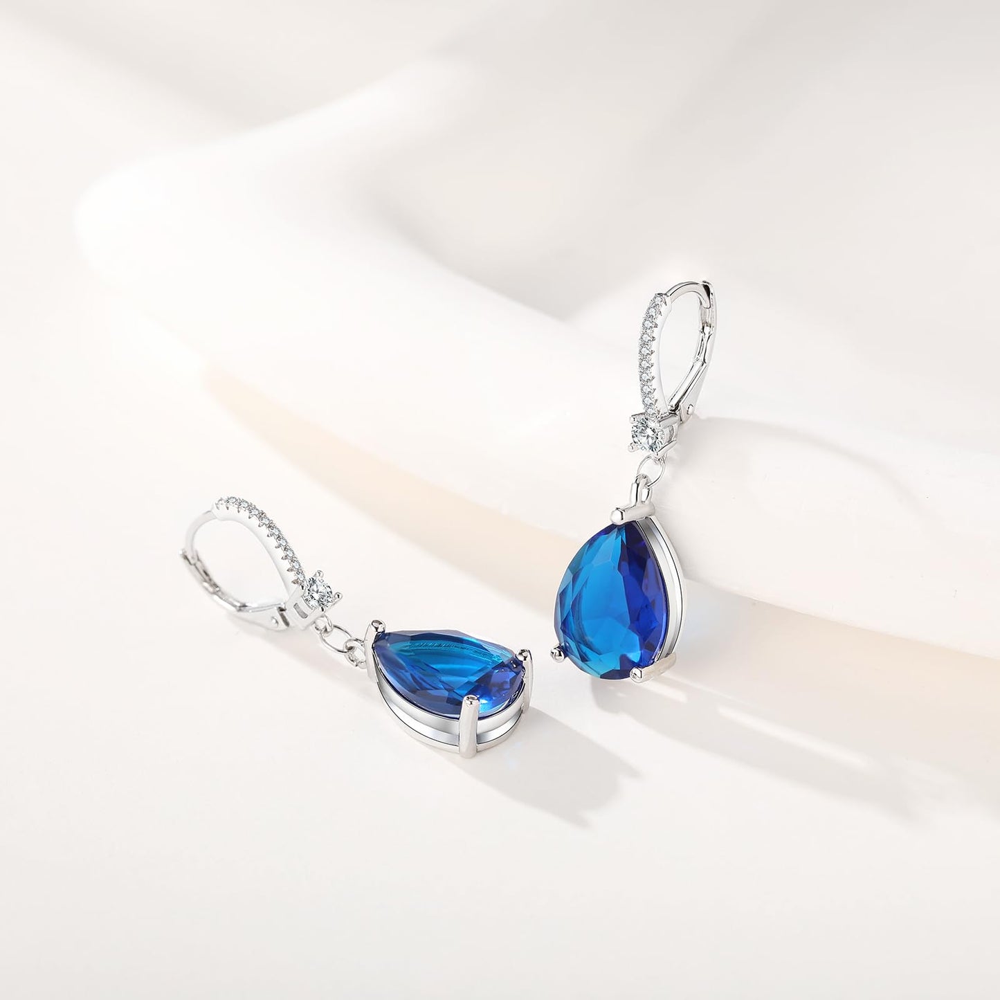 BAMIKI Sterling Silver Teardrop Leverback Dangle Blue Earrings for Women Hypoallergenic, 10×14mm Pear Larger Cubic Zircon Drop Earrings Trendy Jewelry Gifts for Wife Daughter Mother