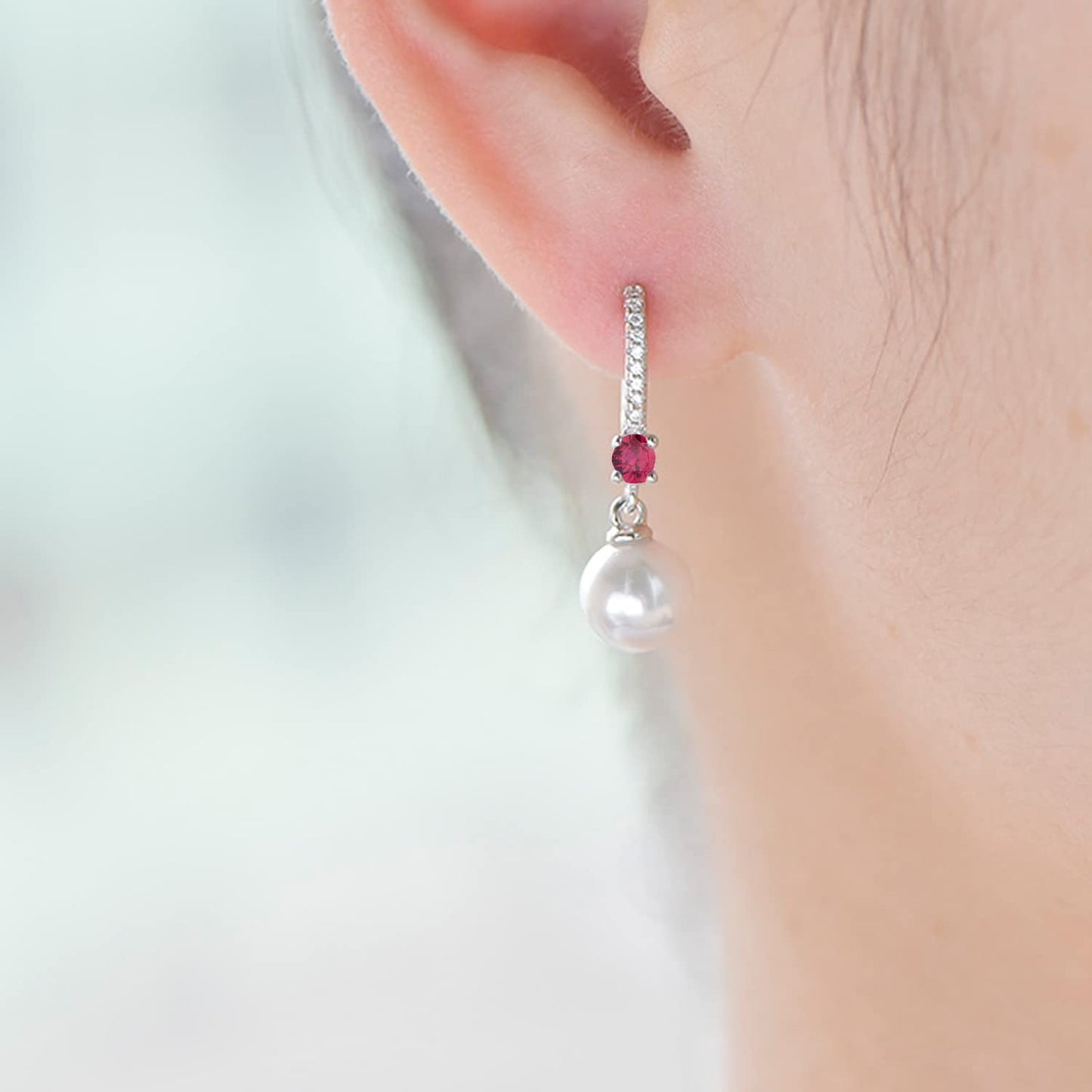 JO WISDOM Pearl Earrings,925 Sterling Silver 3A CZ July Birthstone Ruby Color 8mm Pearl Leverback Drop Earrings,Jewelry for Women