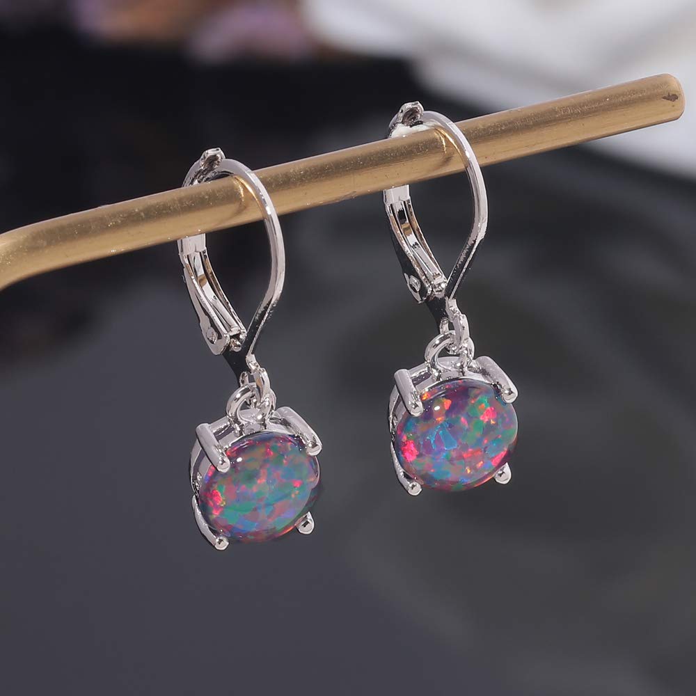 CiNily Black Opal Dangle Drop Earrings Leverback Round-Cut Gemstone Rhodium Plated Earrings for Women