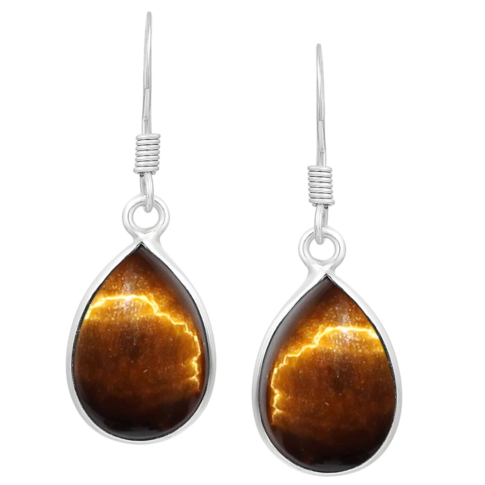 Natural Tiger Eye Sterling Silver Plated Dangle Earrings for Women - Brown Gemstone June Birthstone Teardrop Shape Dangle & Drop Handmade Earrings Jewelry - Gifts for Her