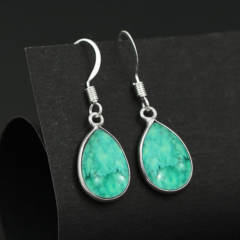 Natural Turquoise Sterling Silver Plated Dangle Earrings for Women - Green Stone December Birthstone Teardrop Shape Handmade Earrings Jewelry - Women's day Gifts for Her