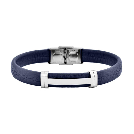 Geoffrey Beene Men's Genuine Leather Bracelet with Stainless Steel Cut-Out ID, Blue