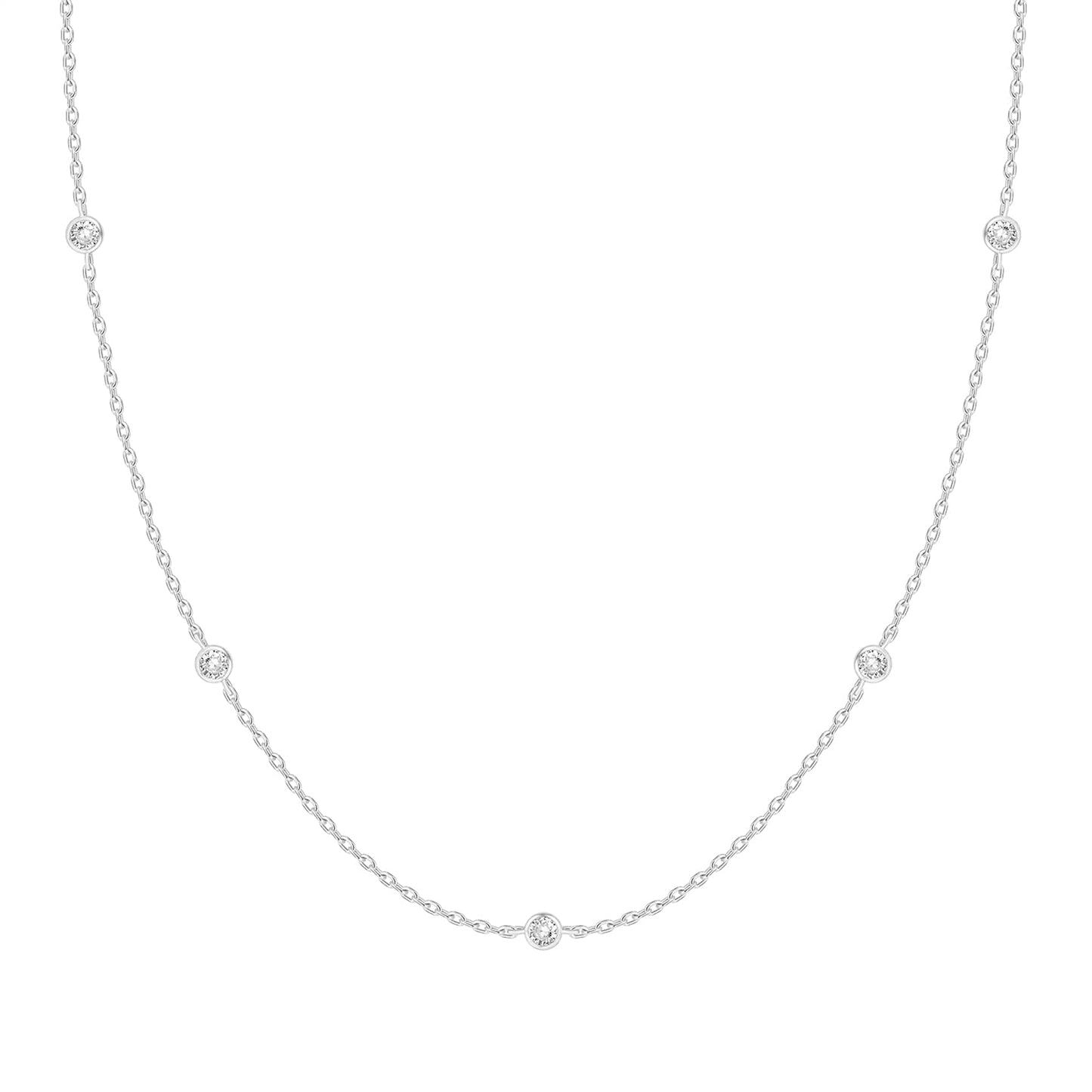 PAVOI Rhodium Plated Station Chain Necklaces for Women - Dainty Simulated Diamond Necklace - Layering Cubic Zirconia Chain