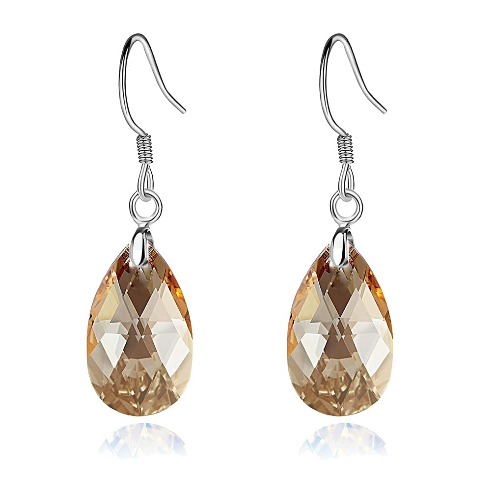 Teardrop Austrian Crystal Drop Dangle Earrings for Women 925 Sterling Silver Hook Hypoallergenic Earring (Topaz)