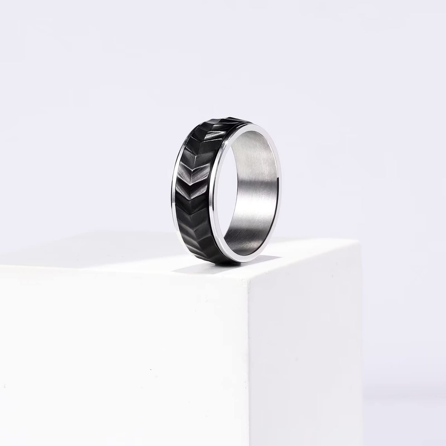 King Will Mens Black Silver 8mm Spinner Rings Tire Thread Stainless Steel Anxiety Fidget Ring for Men Tire Stripe Groove Spinner Ring 12