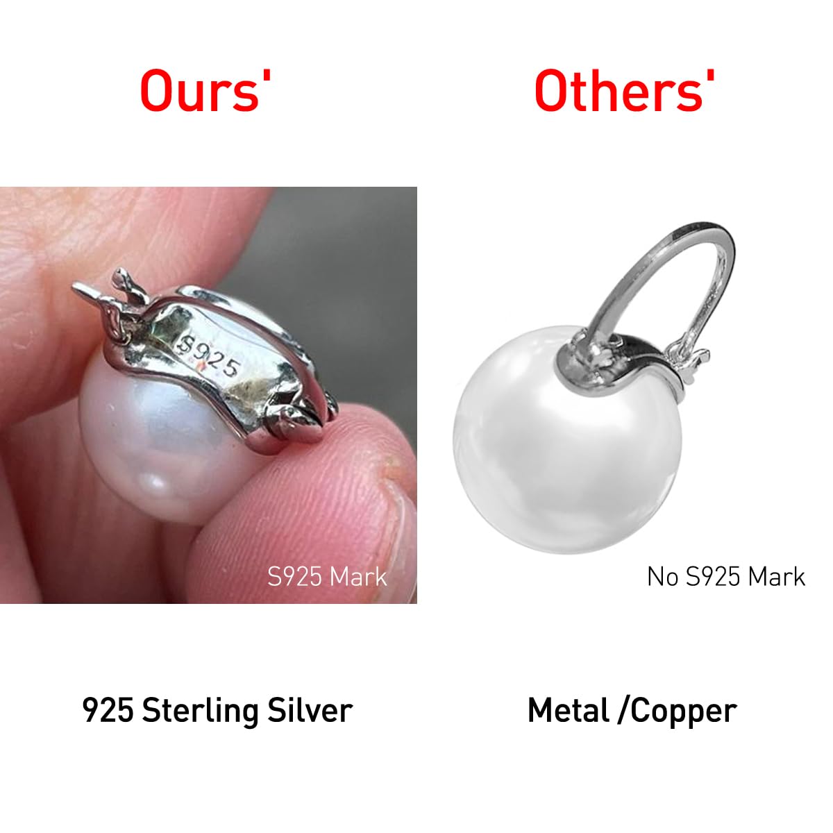 OwMell Elegant 925 Sterling Silver Pearl Drop Earrings Dangle Stud Gold Plated Earrings for Women Large Size 12mm - Silver