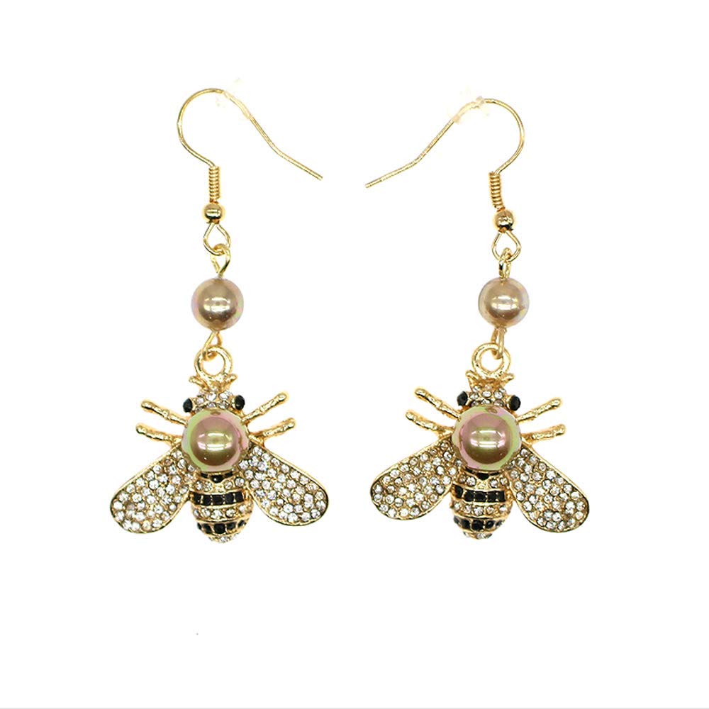 Honey Bee Drop Earrings Crystal Insect Themed Dangle Earring Animal Fashion Shell Pearl Hook Earring Gold Tone for Women Jewelry(Gold pearl +gold pearl hook)