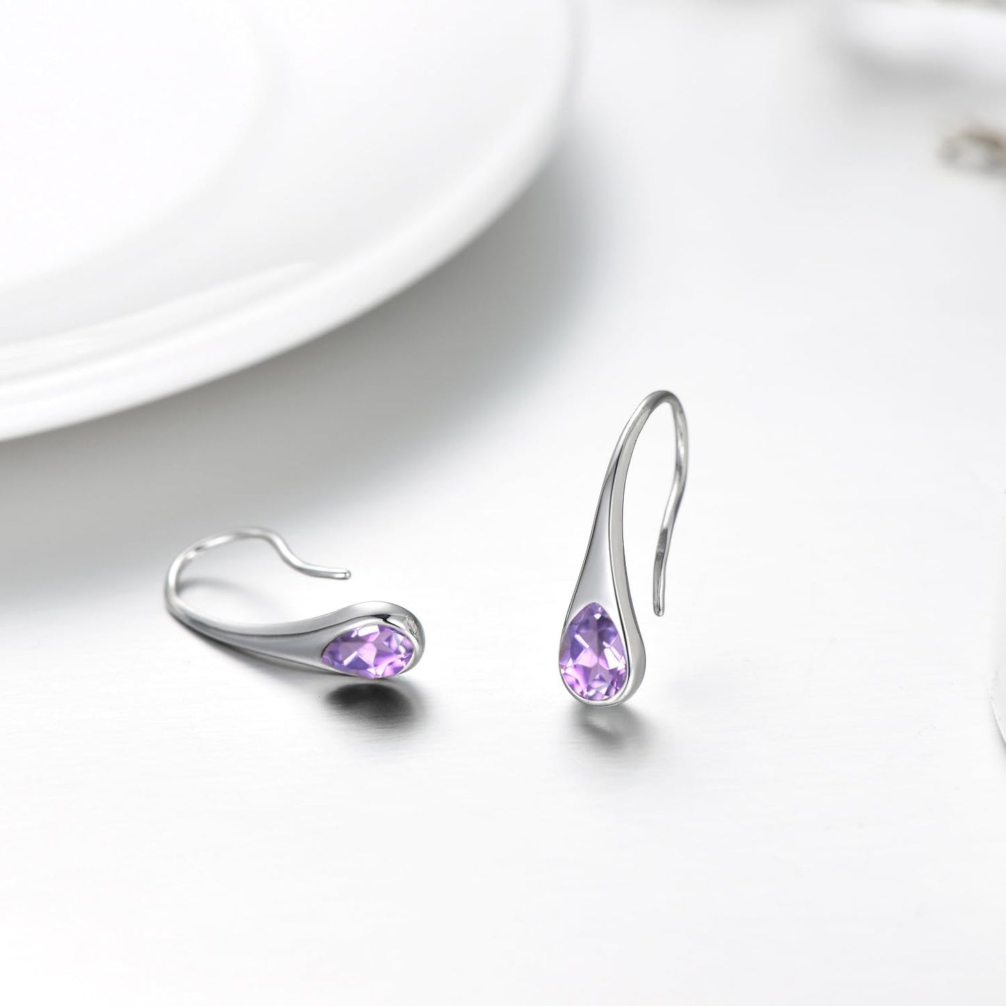 925 Sterling Silver Pear-Shaped Hook Earrings with Simulated Alexandrite Light Purple Crystals, Teardrop June Birthstone Jewelry Gifts for Women Wife Mom