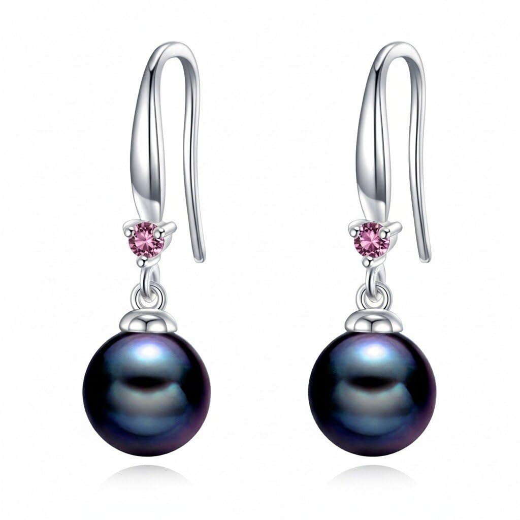 925 Sterling Silver Pearl Leverback Earrings Dangle Drop Birthstone Jewelry Gifts for Women (Black Pearl-October)
