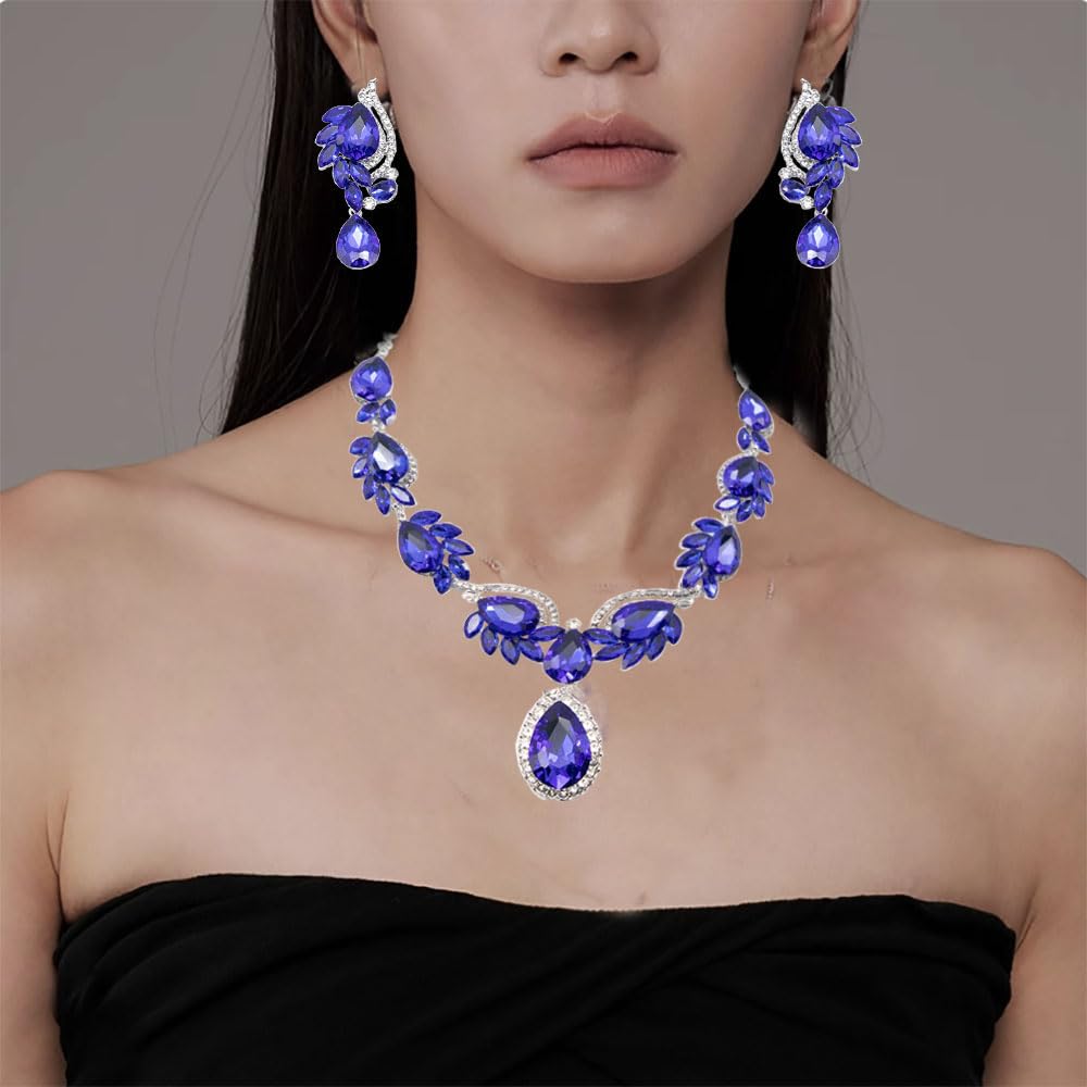 Qlavoca Elegant Crystal Jewelry Set for Women Teardrop Rhinestone Necklace and Dangle Earrings Set for Bridal Evening Prom Jewelry (Royal Blue)