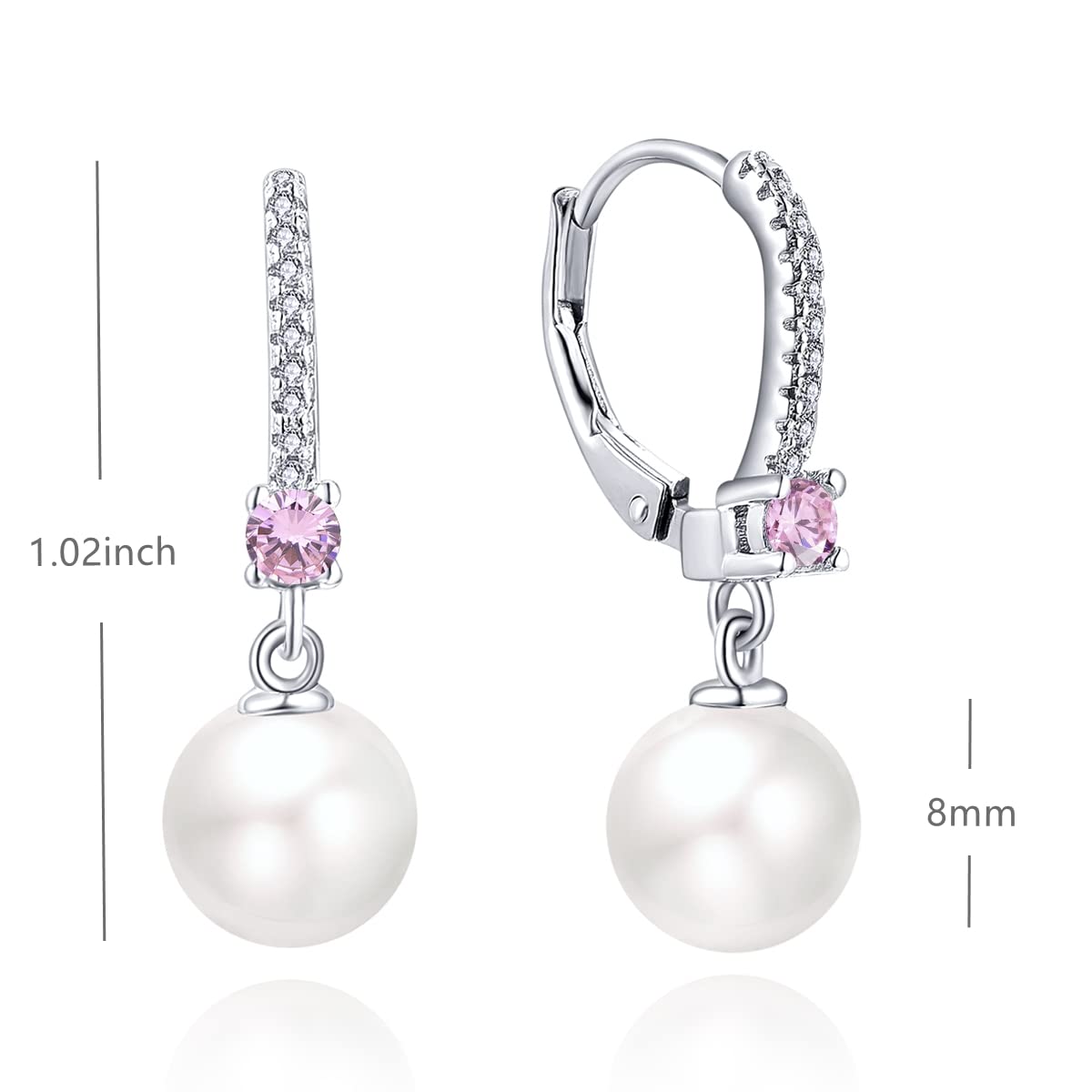 JO WISDOM Pearl Earrings,925 Sterling Silver 3A CZ March Birthstone Aquamarine Color 8mm Pearl Leverback Drop Earrings,Jewelry for Women