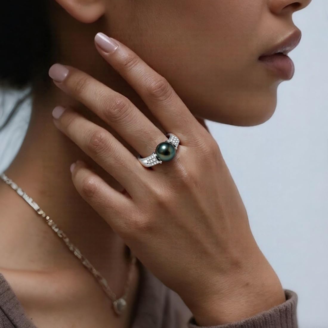 Genuine Tahitian Black Pearl Ring - AAAA 9-10mm Pearls with Sterling Silver Moissanite Engagement Stackable Rings, Christmas Gift for Wife Mom, Jewelry Gifts for Wedding Anniversary Birthday, Size 5