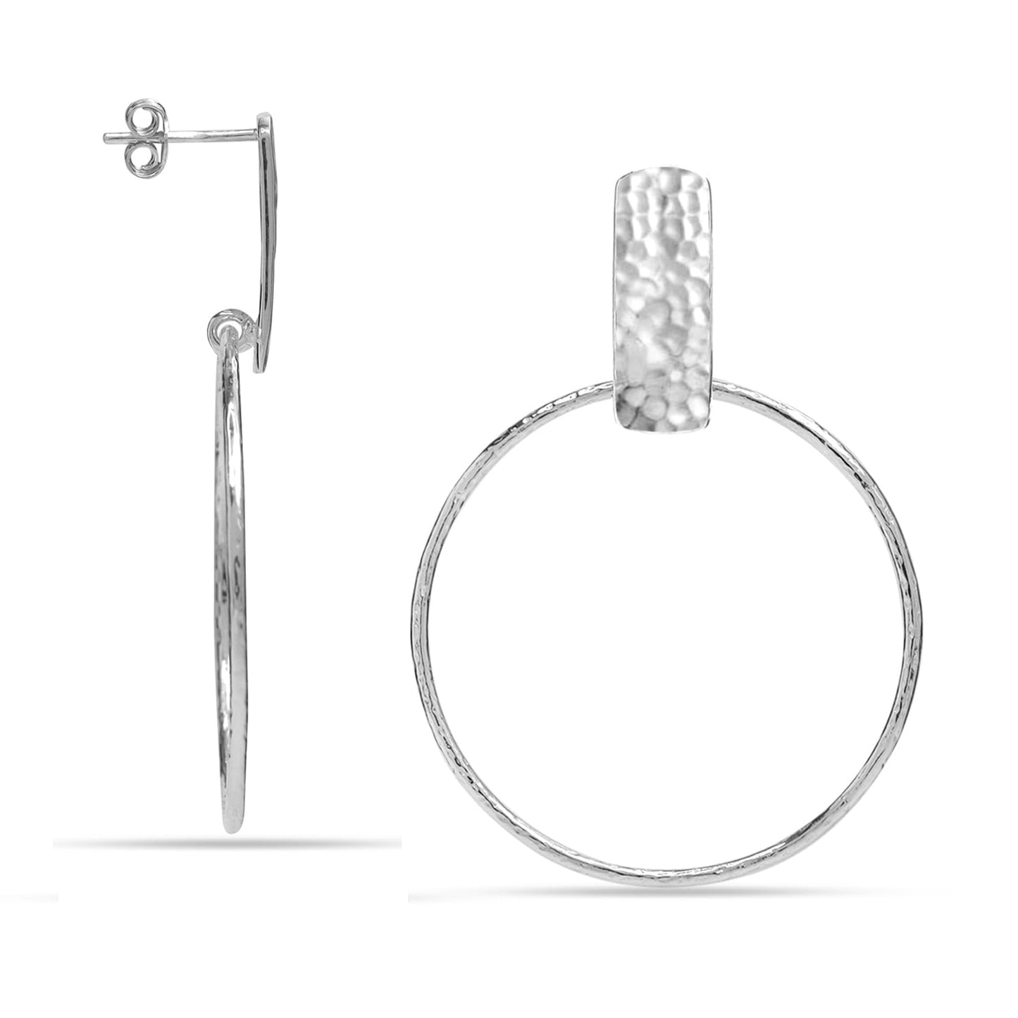 LeCalla 925 Sterling Silver Open Round Drop Dangle Hoop Earring Lightweight Hammered Bar Circle Endless Summer Textured Stud Hoop Earrings for Women 50 MM