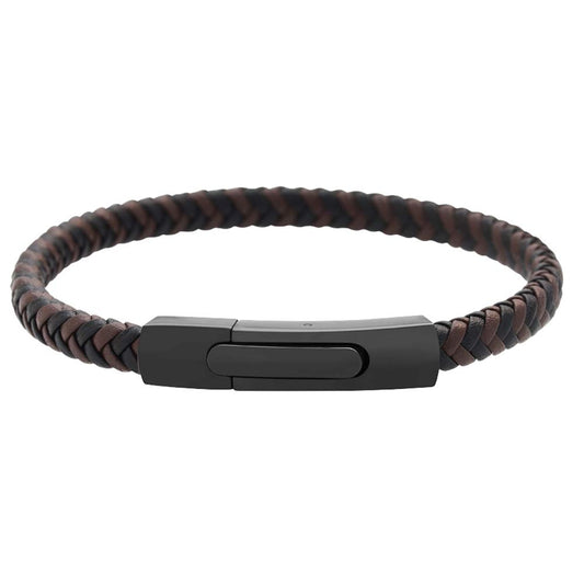 Geoffrey Beene Men's Braided Genuine Leather Fashion Bangle Bracelet with Stainless Steel Clasp (Brown)