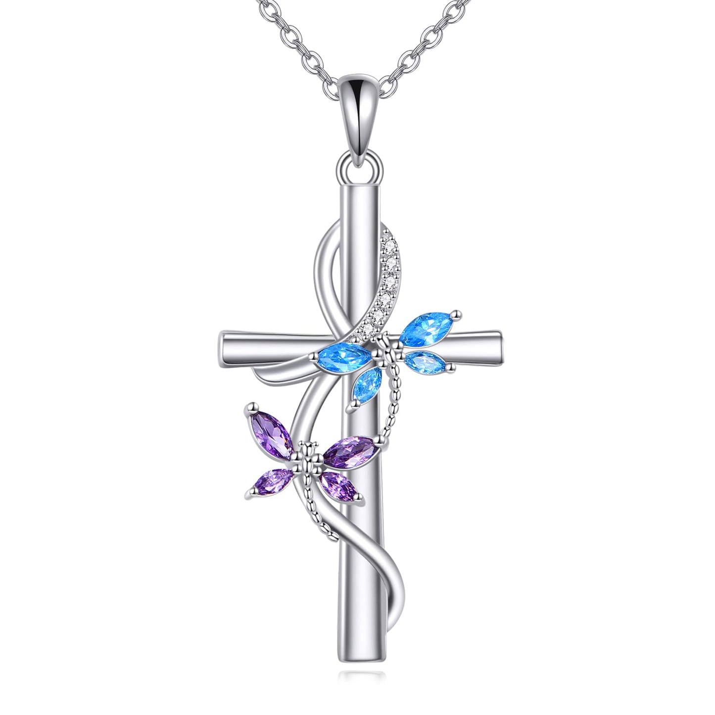 JERWLI Dragonfly Cross Necklace 925 Sterling Silver Dragonfly Cross Pendant Necklace Jewelry for Women Gifts