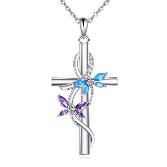 JERWLI Dragonfly Cross Necklace 925 Sterling Silver Dragonfly Cross Pendant Necklace Jewelry for Women Gifts