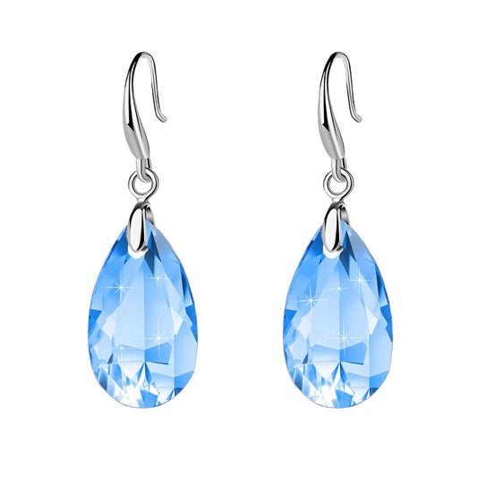 Austrian Crystal Teardrop Dangle Hook Earrings for Women 14K Gold Plated Hypoallergenic Jewelry (Aquamarine)