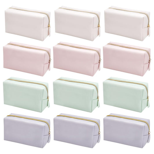 INTERWARM 12Pcs 4 Color Makeup Bag PU Leather Cosmetic Pouch, Bridesmaid Makeup Bags Bulk Zipper Cosmetic Pouch Waterproof Small Portable Toiletry Bag for Women Travel Wedding Party Favors