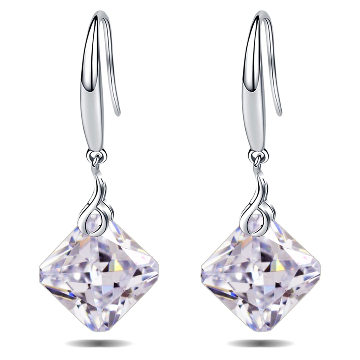 Maylover 14k White Gold Plated 925 Sterling Silver 12mm Pear Shape Naked Drill Crystal Dangle Earrings For Women (Square Clear)