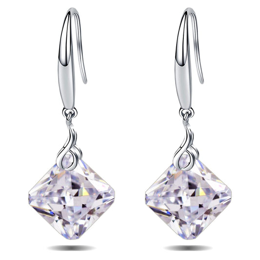 Maylover 14k White Gold Plated 925 Sterling Silver 12mm Pear Shape Naked Drill Crystal Dangle Earrings For Women (Square Clear)