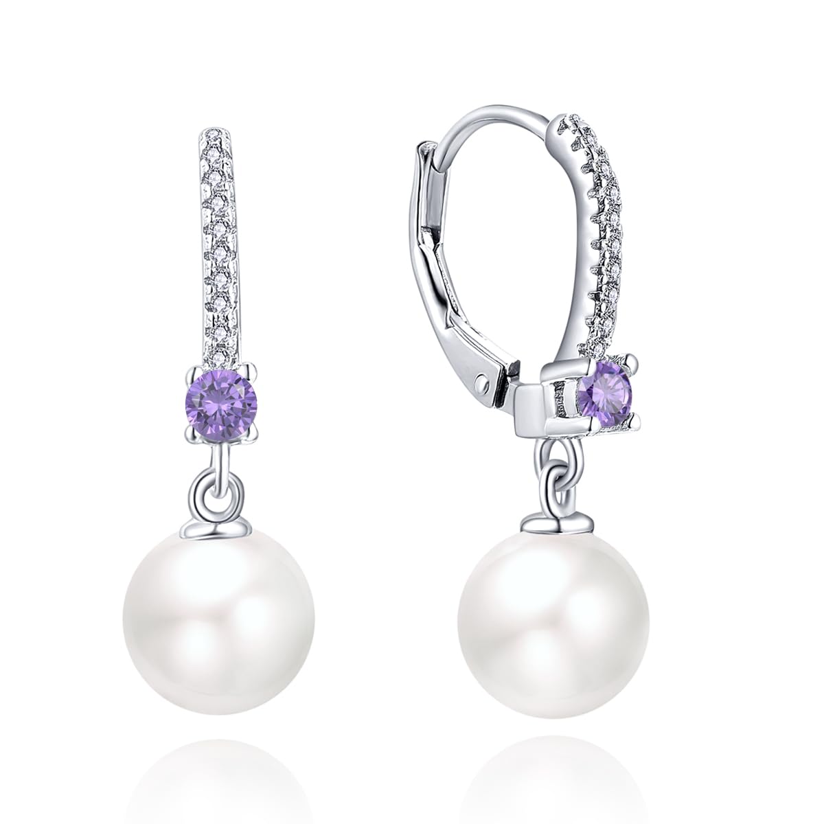 JO WISDOM Pearl Earrings,925 Sterling Silver 3A CZ February Birthstone Amethyst Color 8mm Pearl Leverback Drop Earrings,Jewelry for Women