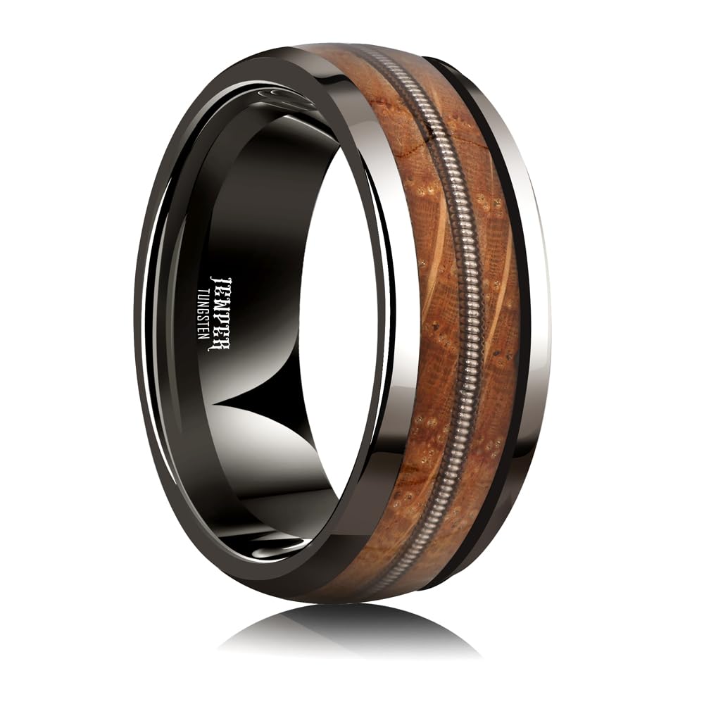 JEWPER 8mm Men Womens Wedding Band Tungsten Rings dark gun black Fashion Promise Carbide Inlaid Guitar Strings whiskey barrel wood Matte Finish Edge Comfort Fit Size(9)