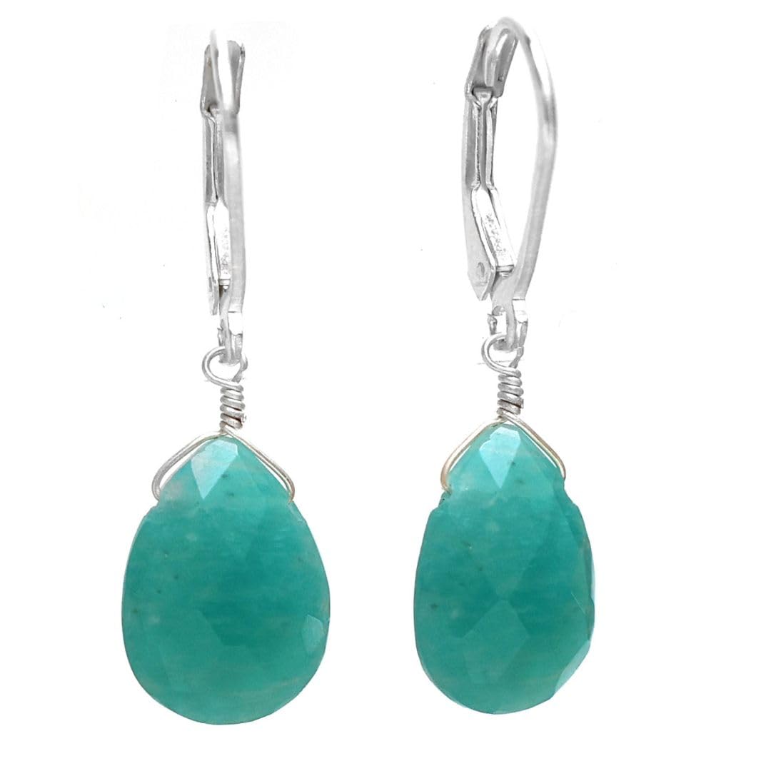 GemInspire Natural Amazonite Pear Drop Earrings for Women Teardrop Crystal Dangle Earrings 925 Sterling Silver Leverback Lightweight Gift for Her