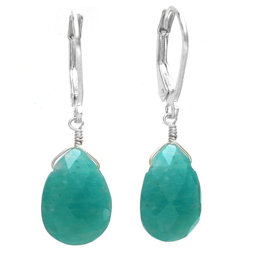 GemInspire Natural Amazonite Pear Drop Earrings for Women Teardrop Crystal Dangle Earrings 925 Sterling Silver Leverback Lightweight Gift for Her