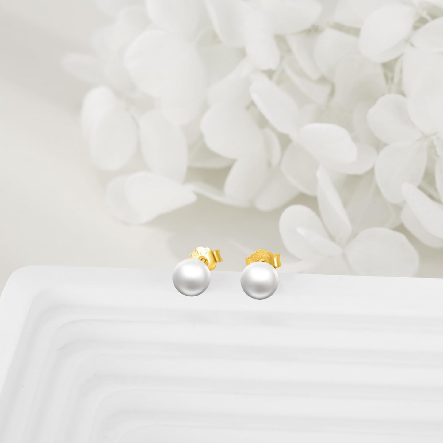 POPLYKE Sterling Silver Real Freshwater Cultured Pearl Stud Earrings for Women Gold Pearl Earrings Wedding Bridesmaids Anniversary（Yellow Gold）