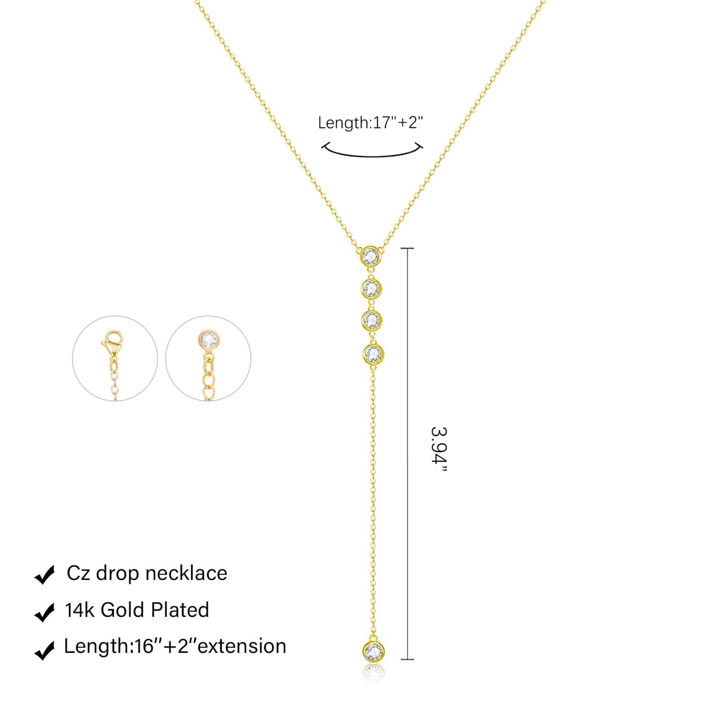 HERIER Lariat Gold Long Necklaces for Women Trendy Dainty 14K Gold Plated Drop Necklace Layered Simple CZ Y-Shaped Necklace Jewelry Gifts