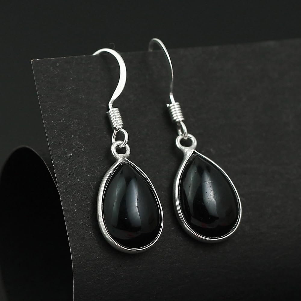 Natural Black Onyx Sterling Silver Plated Dangle Earrings for Women - Black Gemstone Teardrop Shape July Birthstone Dangle & Drop Handmade Earrings - Women's Day Gifts for Her