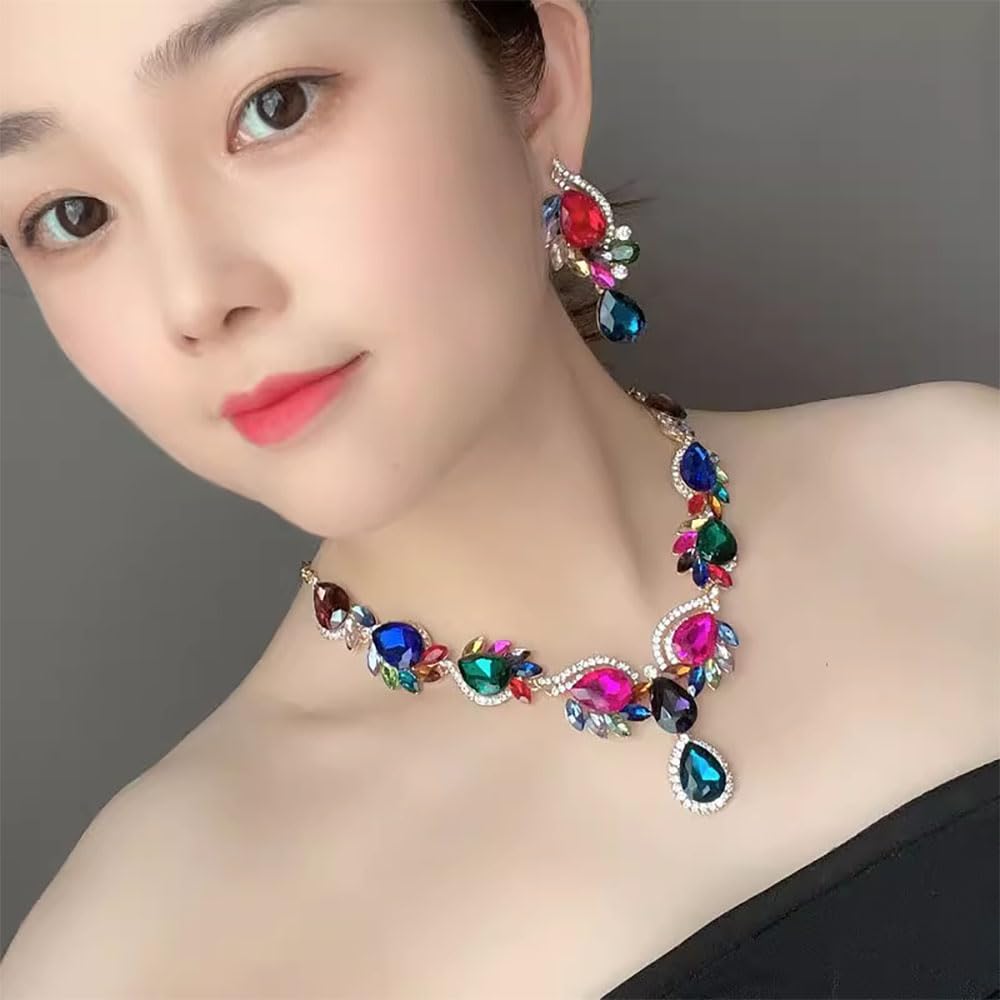 Qlavoca Crystal Rhinestone Statement Necklace jewerly Set Teardrop Cluster Dangle Earrings Set for Bridal Evening Prom Jewelry Accessories (Colorful)
