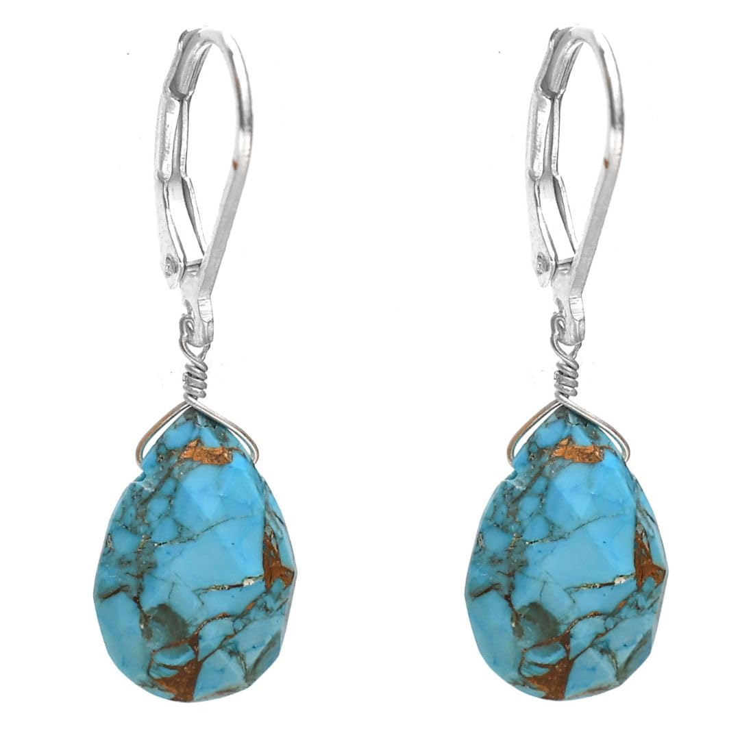 GemInspire Natural Copper Turquoise Teardrop Gemstone Earrings for Women – 925 Sterling Silver Leverback Lightweight Crystal Drop Dangle Earrings Handmade Gift for Mom Wife Girlfriend
