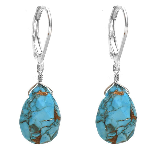 GemInspire Natural Copper Turquoise Teardrop Gemstone Earrings for Women – 925 Sterling Silver Leverback Lightweight Crystal Drop Dangle Earrings Handmade Gift for Mom Wife Girlfriend