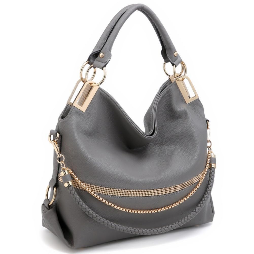 Dasein Purses for Women Vegan Leather Handbags Rhinestones Hobo Bags Tote Purse Shoulder Bag Ladies Handbag (Grey)