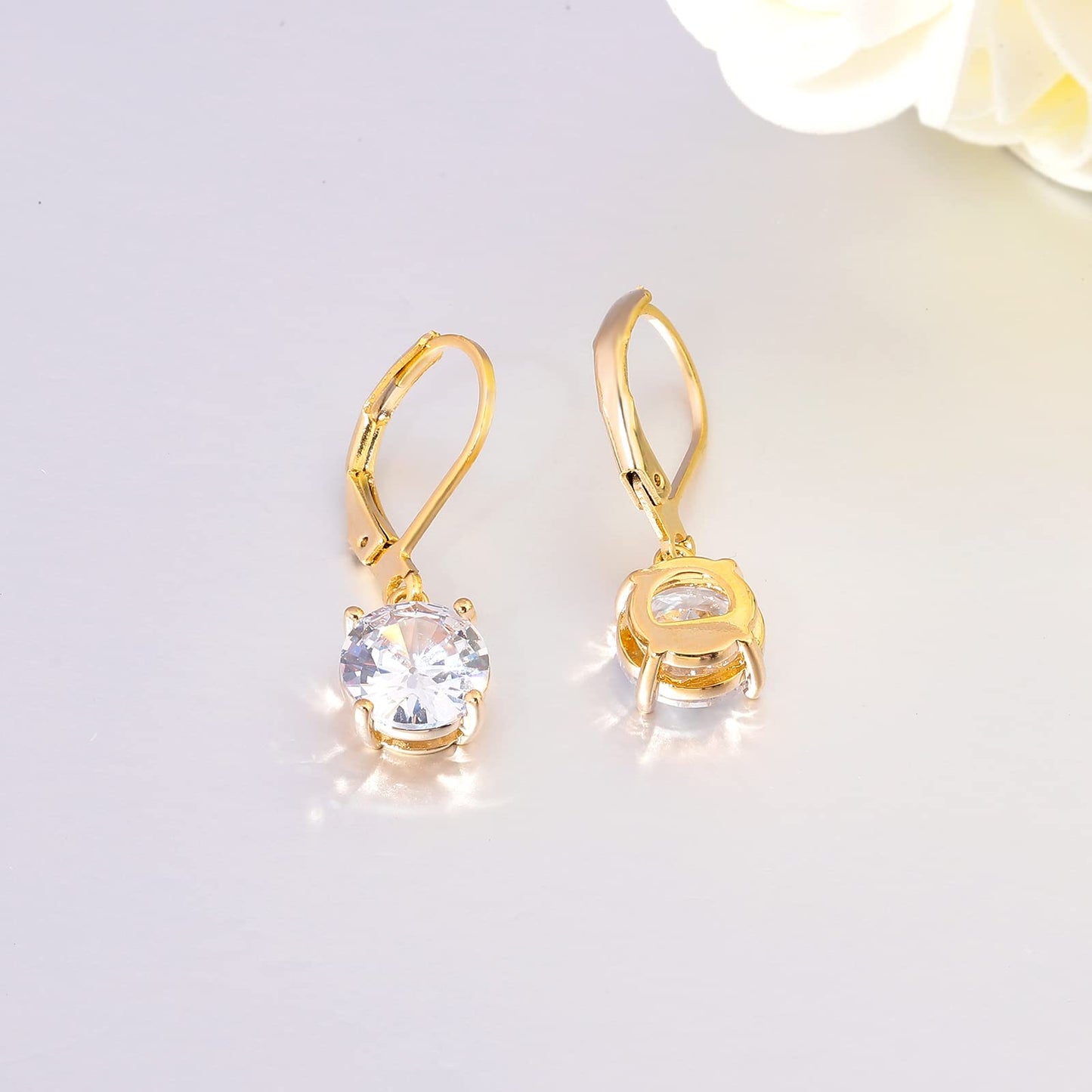 CiNily Dangle Earrings for Women Ladies Pendant Earrings 14K Yellow Gold Plated Drop Earring CZ White Cubic Zirconia Leverback Dangle Earrings for Sensitive Ears Hypoallergenic Fashion Jewelry