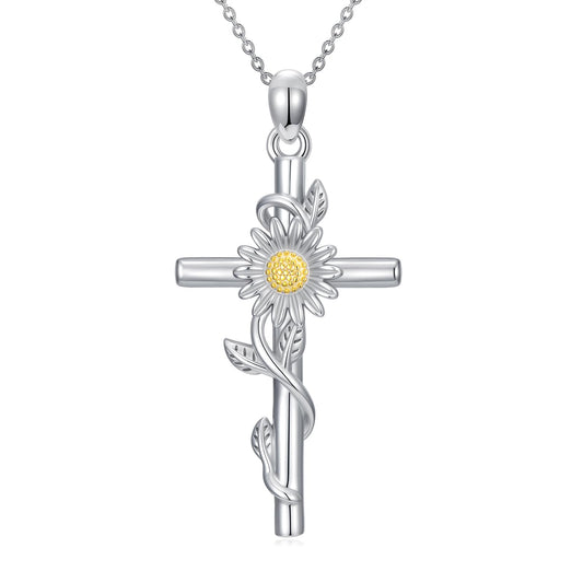 YYB Daisy Cross Necklace 925 Sterling Silver Daisy Gifts for Women Dainty Silver Cross Necklace Christian Religious Gifts for Women Mothers Day Gifts