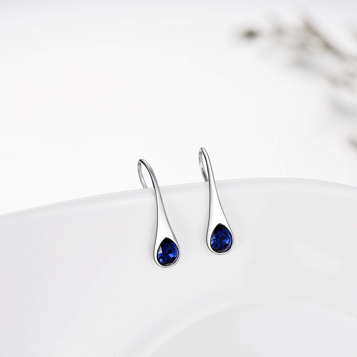 925 Sterling Silver Small Pear-Shaped Hook Earrings with Simulated Sapphire Birthstone Crystals from Austria, September Birthstone Jewelry Gifts for Women Wife Mom