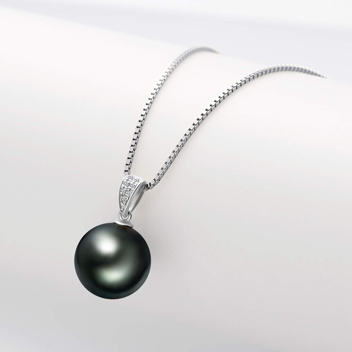 DENGGUANG 18K Gold Natural Black Pearl Necklace Pendant with Diamond 10-11mm Genuine Tahitian Cultured Round Pearls Pendant for Women with 18" Silver Chain - Rose Gold