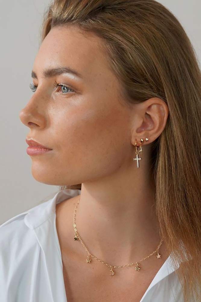 Small Hoop Cross Dangle Drop Hoop Earrings With Small Charm for Women