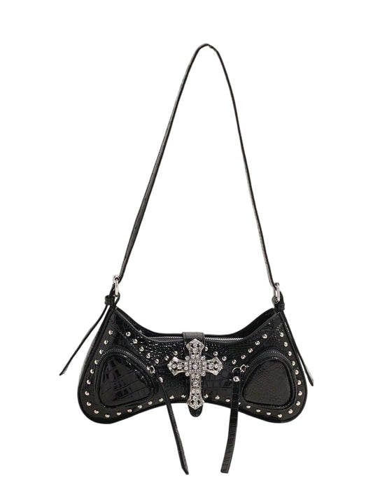 Verdusa Women's Y2k Studded Cross Shoulder Handbags Punk Top Handle Portable Underarm Bags Black One Size