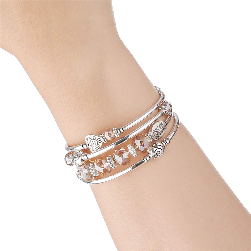 PEARL&CLUB Bead Crystal Wrap Bangle Bracelet - Fashion Jewelry Beaded Bracelet with Silver Metal, Gifts for Women(23-Champagne)