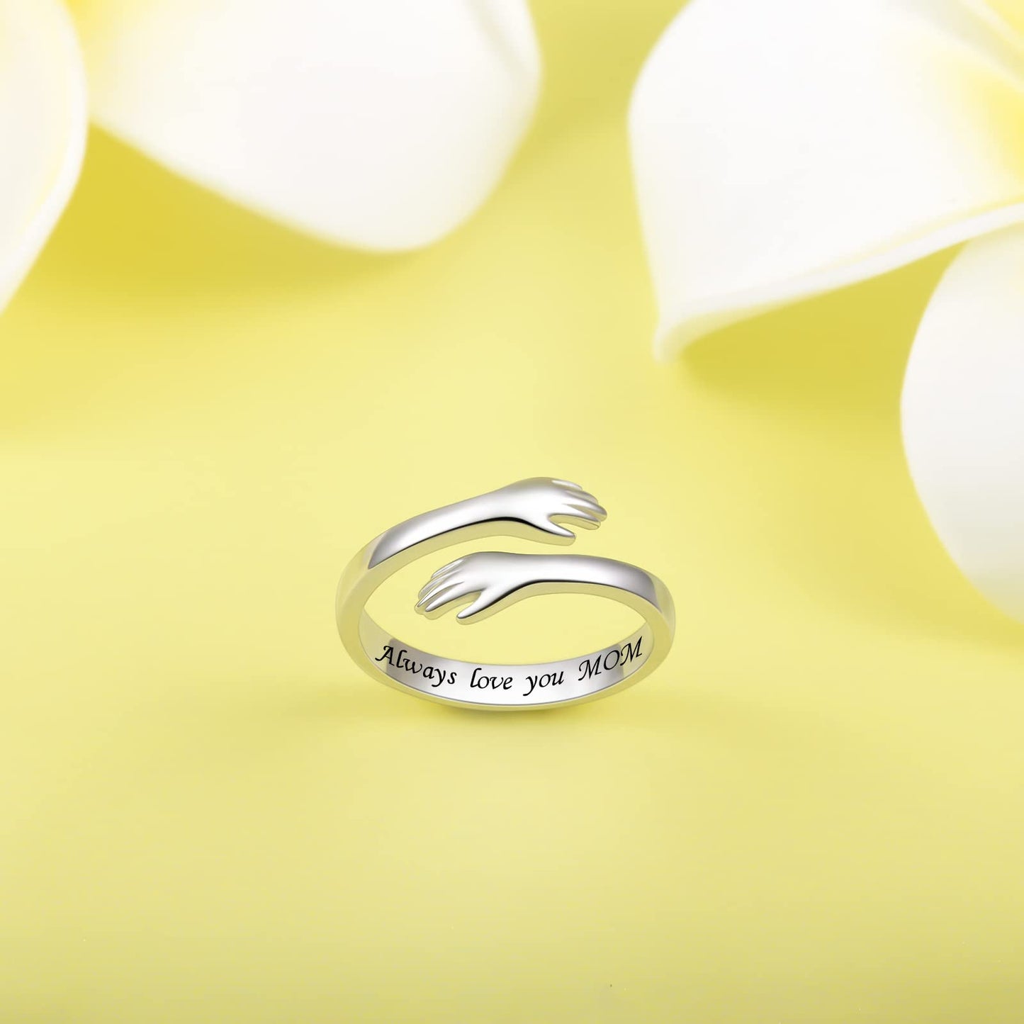 ACJFA Hug Rings for Women Sterling Silver Adjustable Ring for Women Daughter Hand Ring Jewelry for Birthday Gifts Holiday Gift for Teens(Alaways love you MOM)