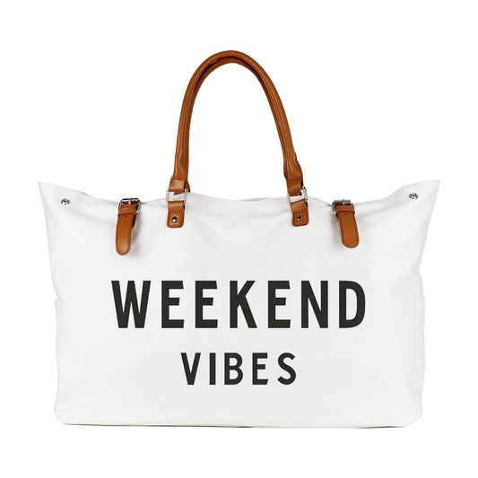 Lamyba Beach Tote Bag for Women, Oversized Travel Tote Bag with Vegan Leather Handle, Weekend Vibes White X-Large