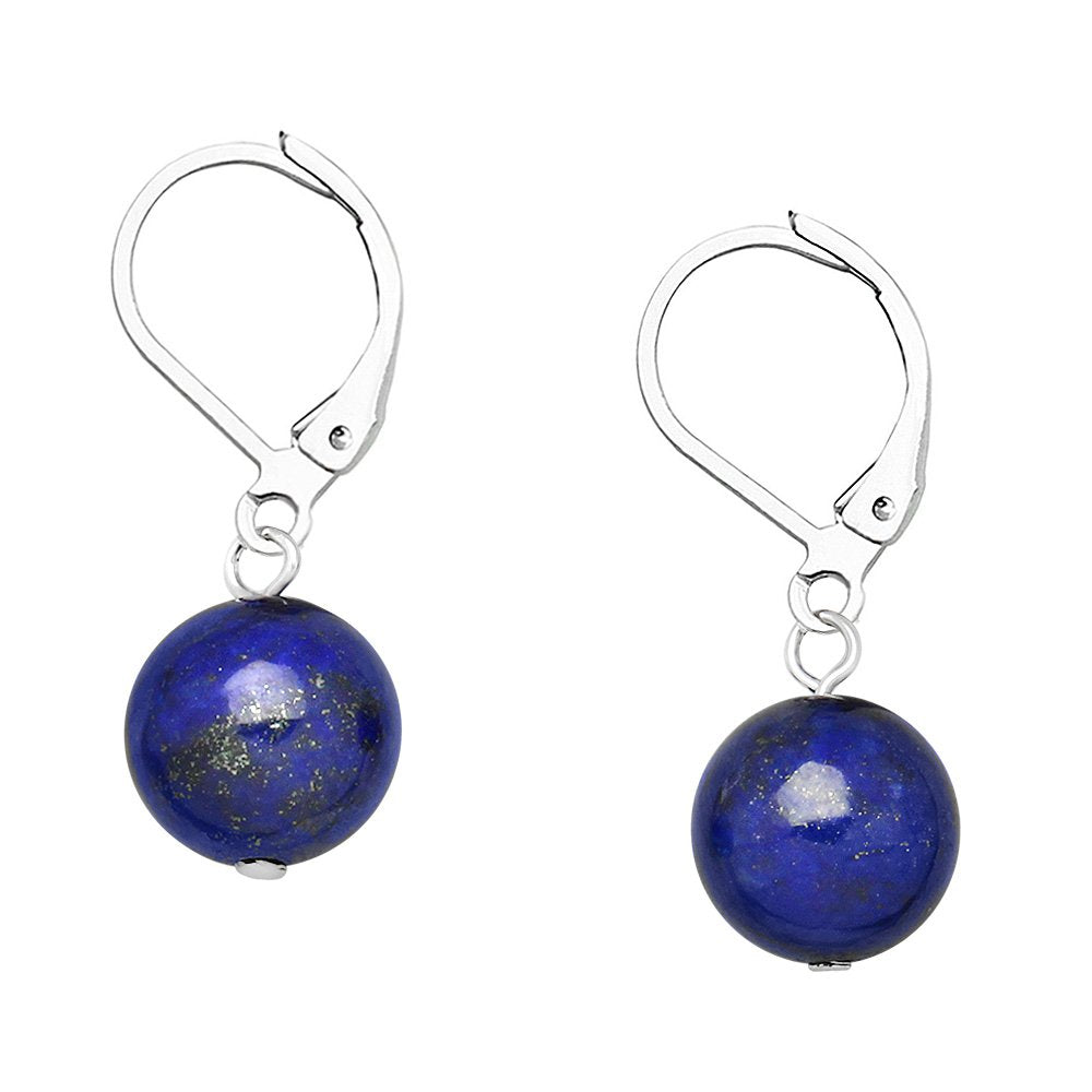 Falari 10mm Round Natural Stone Earring High Polished Rhodium Leverback Lapis Lazuli