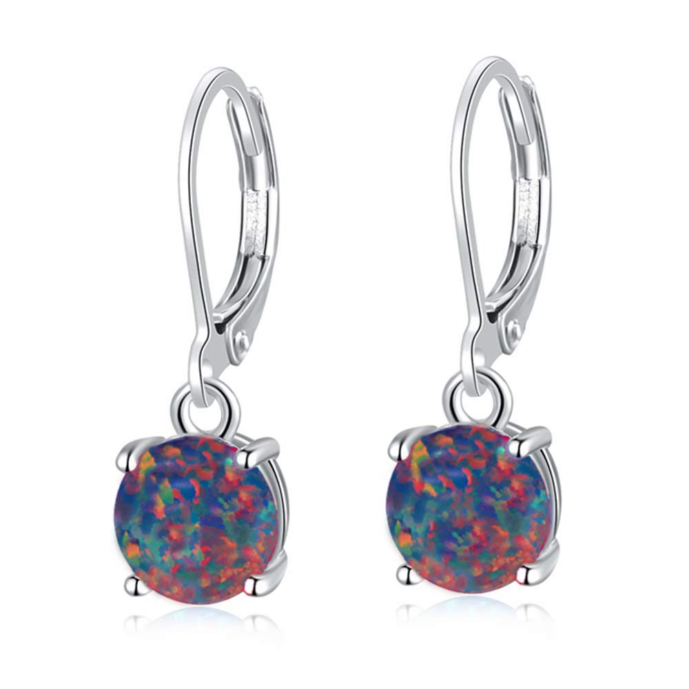 CiNily Black Opal Dangle Drop Earrings Leverback Round-Cut Gemstone Rhodium Plated Earrings for Women