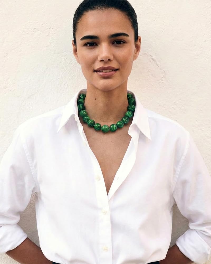 FAUTHENTICUTE Emerald Green Choker Necklace for Women Chunky Boho Beaded Statement Necklaces Adjustable Large Round Resin Bead Strand Necklace Trendy Summer Beach Jewelry Gift
