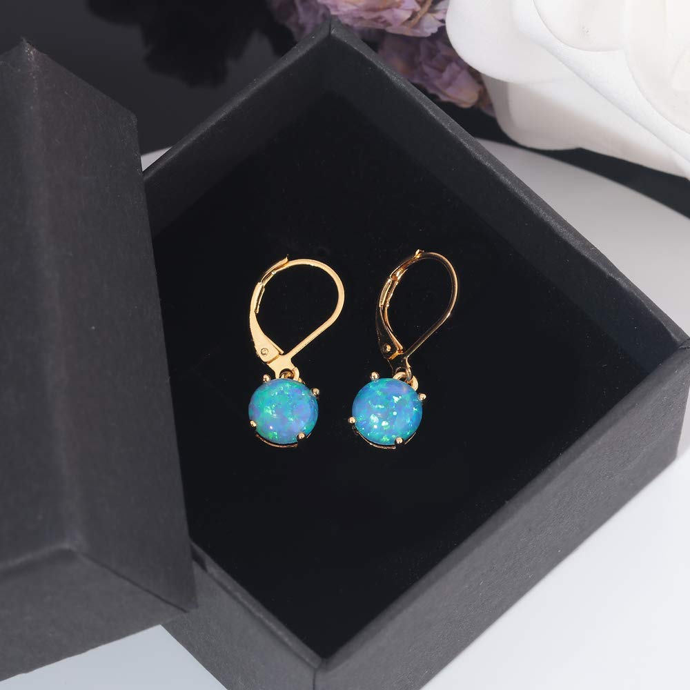 CiNily Gold Dangle Earrings for Women, Blue Fire Opal Leverback Earrings 14K Yellow Gold Plated Drop Opal Jewelry
