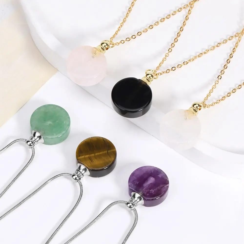 925 Sterling Silver Essential Oil Necklace For Women And Men, 14K Gold Filled Natural Stone Round Perfume Bottle Necklace, Essentials Oil Diffuser Vial Necklace (7 - Essential Oil Necklace)