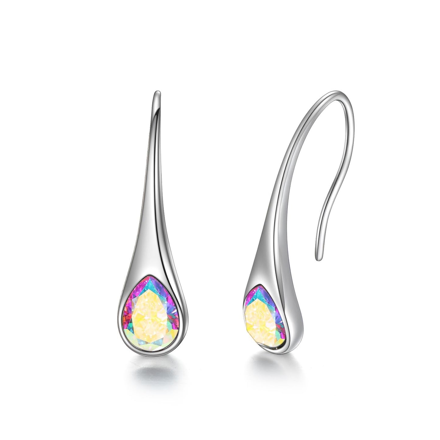 925 Sterling Silver Teardrop Earrings, Hypoallergenic Pear-Shaped Dangle Drop Earrings for Women with Aurora Borealis Crystals